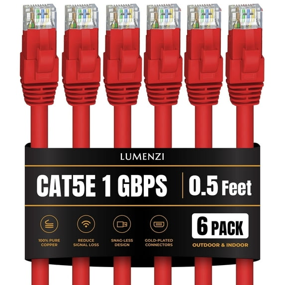 Cat 5e Ethernet Cable 0.5 FT in Red 6 Pack 1 Gbps Speed Network Short Round Rj45 Outdoor Indoor Direct Burial Bare Copper LAN Patch Cable for Router Gaming PS5 XBOX Printer Computer CCTV Switch