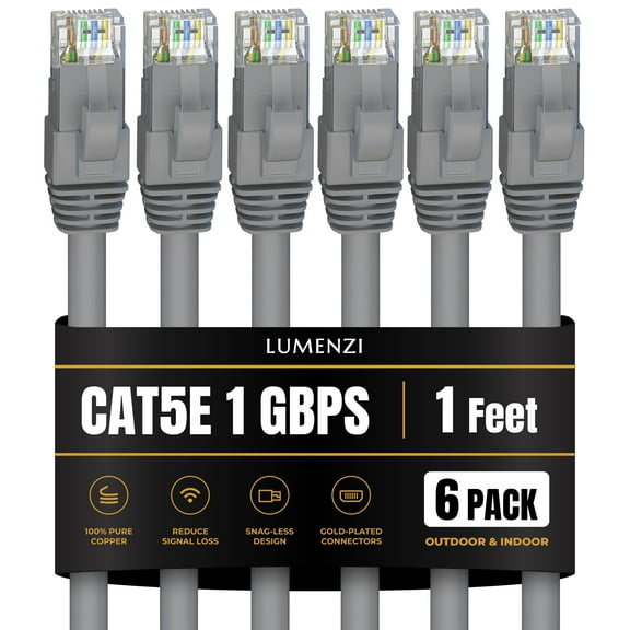 Cat 5e Ethernet Cable 1 FT in Grey 6 Pack 1 Gbps Speed Network Short Round Rj45 Outdoor Indoor Direct Burial Bare Copper LAN Patch Cable for Router Gaming PS5 XBOX Printer Computer CCTV Switch
