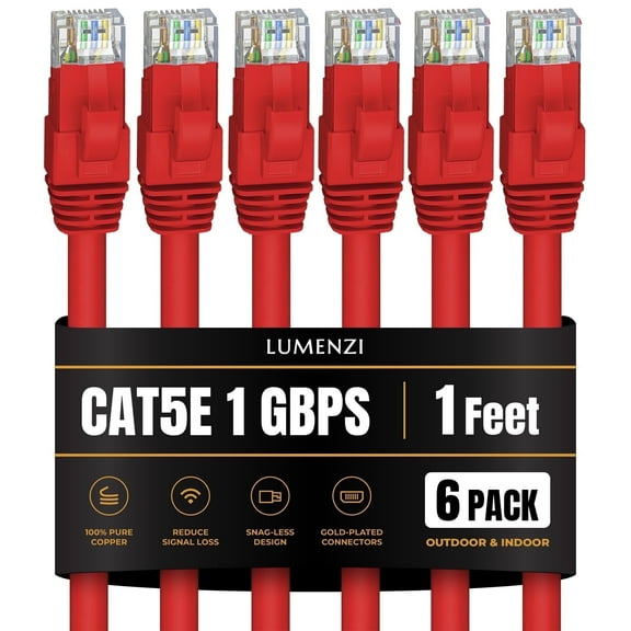 Cat 5e Ethernet Cable 1 FT in Red 6 Pack 1 Gbps Speed Network Short Round Rj45 Outdoor Indoor Direct Burial Bare Copper LAN Patch Cable for Router Gaming PS5 XBOX Printer Computer CCTV Switch