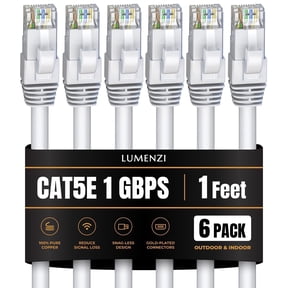 Cat 5e Ethernet Cable 1 FT in White 6 Pack 1 Gbps Speed Network Short Round Rj45 Outdoor Indoor Direct Burial Bare Copper LAN Patch Cable for Router Gaming PS5 XBOX Printer Computer CCTV Switch