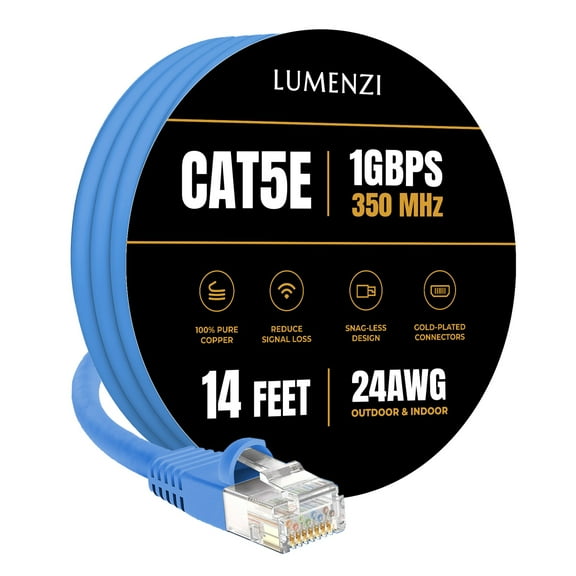 Cat 5e Ethernet Cable 14 FT in Blue 1 Gbps Speed Network Long Round Rj45 Outdoor Indoor Direct Burial Bare Copper LAN Patch Cable for Router Gaming PS5 XBOX Printer Computer CCTV Switch