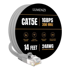 Cat 5e Ethernet Cable 14 FT in Grey 1 Gbps Speed Network Long Round Rj45 Outdoor Indoor Direct Burial Bare Copper LAN Patch Cable for Router Gaming PS5 XBOX Printer Computer CCTV Switch