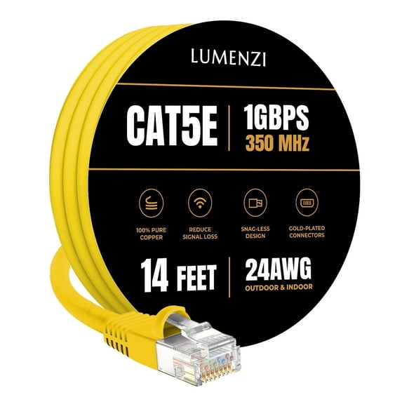 Cat 5e Ethernet Cable 14 FT in Yellow 1 Gbps Speed Network Long Round Rj45 Outdoor Indoor Direct Burial Bare Copper LAN Patch Cable for Router Gaming PS5 XBOX Printer Computer CCTV Switch