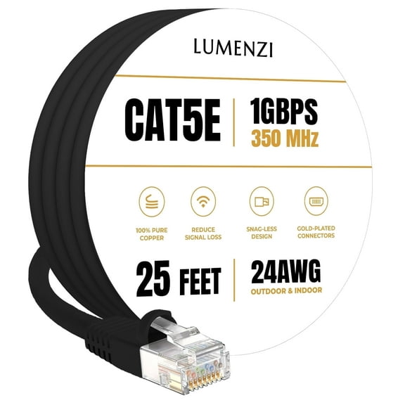 Cat 5e Ethernet Cable 25 FT in Black 1 Gbps Speed Network Long Round Rj45 Outdoor Indoor Direct Burial Bare Copper LAN Patch Cable for Router Gaming PS5 XBOX Printer Computer CCTV Switch