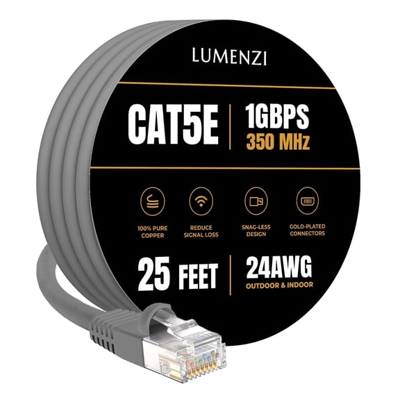 Cat 5e Ethernet Cable 25 FT in Gray 1 Gbps Speed Network Long Round Rj45 Outdoor Indoor Direct Burial Bare Copper LAN Patch Cable for Router Gaming PS5 XBOX Printer Computer CCTV Switch