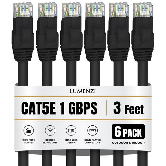 Cat 5e Ethernet Cable 3 FT in Black 6 Pack 1 Gbps Speed Network Short Round Rj45 Outdoor Indoor Direct Burial Bare Copper LAN Patch Cable for Router Gaming PS5 XBOX Printer Computer CCTV Switch