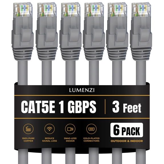 Cat 5e Ethernet Cable 3 FT in Grey 6 Pack 1 Gbps Speed Network Short Round Rj45 Outdoor Indoor Direct Burial Bare Copper LAN Patch Cable for Router Gaming PS5 XBOX Printer Computer CCTV Switch