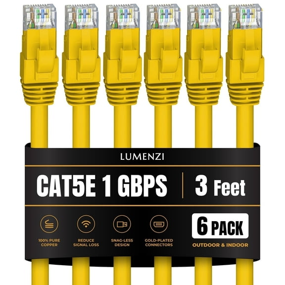 Cat 5e Ethernet Cable 3 FT in Yellow 6 Pack 1 Gbps Speed Network Short Round Rj45 Outdoor Indoor Direct Burial Bare Copper LAN Patch Cable for Router Gaming PS5 XBOX Printer Computer CCTV Switch