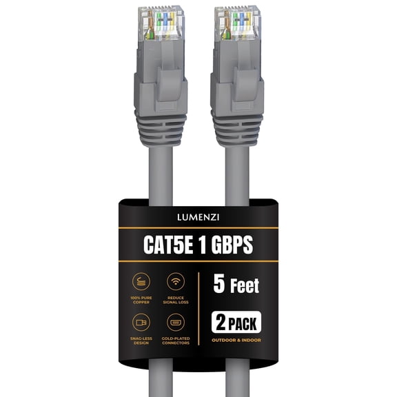 Cat 5e Ethernet Cable 5 FT in Gray 2 Pack 1 Gbps Speed Network Round Rj45 Outdoor Indoor Direct Burial Bare Copper LAN Patch Cable for Router Gaming PS5 XBOX Printer Computer CCTV Switch