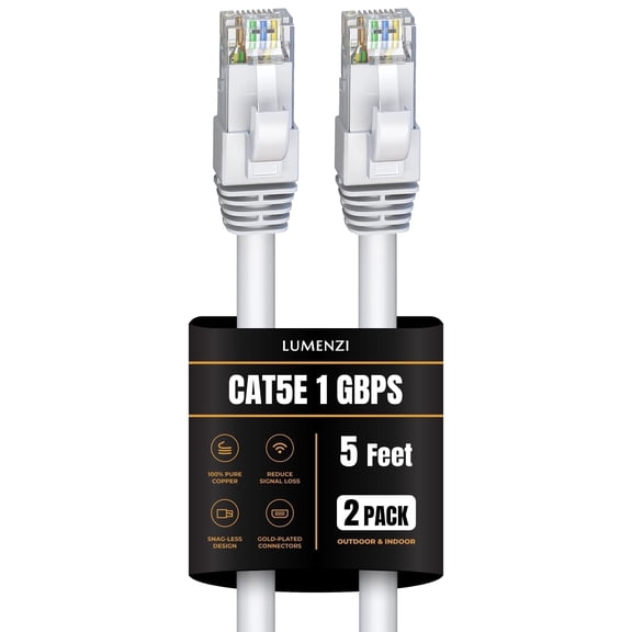 Cat 5e Ethernet Cable 5 FT in White 2 Pack 1 Gbps Speed Network Round Rj45 Outdoor Indoor Direct Burial Bare Copper LAN Patch Cable for Router Gaming PS5 XBOX Printer Computer CCTV Switch