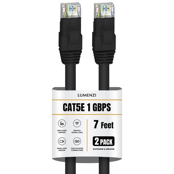 Cat 5e Ethernet Cable 7 FT in Black 2 Pack 1 Gbps Speed Network Round Rj45 Outdoor Indoor Direct Burial Bare Copper LAN Patch Cable for Router Gaming PS5 XBOX Printer Computer CCTV Switch