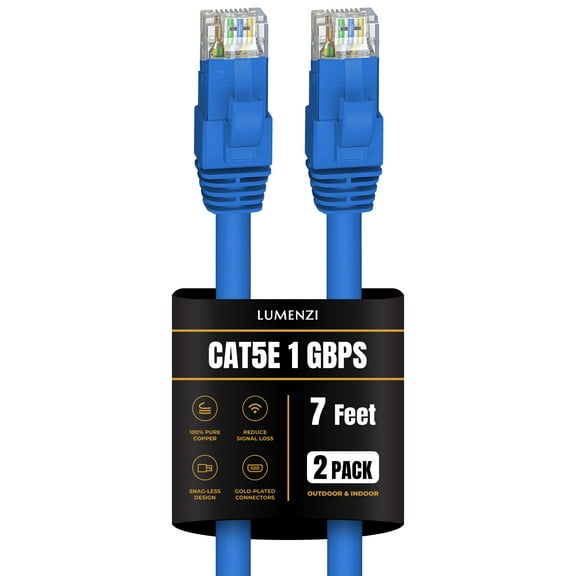 Cat 5e Ethernet Cable 7 FT in Blue 2 Pack 1 Gbps Speed Network Round Rj45 Outdoor Indoor Direct Burial Bare Copper LAN Patch Cable for Router Gaming PS5 XBOX Printer Computer CCTV Switch
