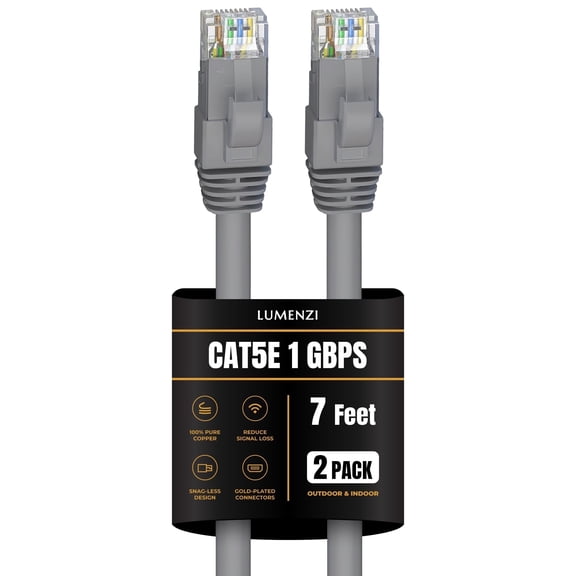 Cat 5e Ethernet Cable 7 FT in Gray 2 Pack 1 Gbps Speed Network Round Rj45 Outdoor Indoor Direct Burial Bare Copper LAN Patch Cable for Router Gaming PS5 XBOX Printer Computer CCTV Switch