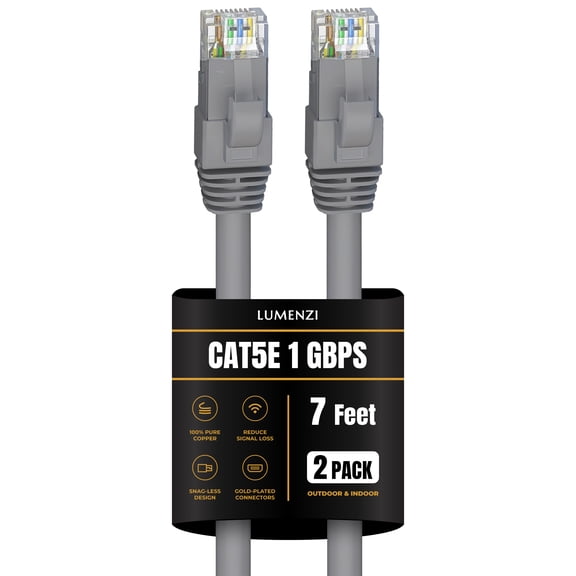 Cat 5e Ethernet Cable 7 FT in Grey 2 Pack 1 Gbps Speed Network Round Rj45 Outdoor Indoor Direct Burial Bare Copper LAN Patch Cable for Router Gaming PS5 XBOX Printer Computer CCTV Switch