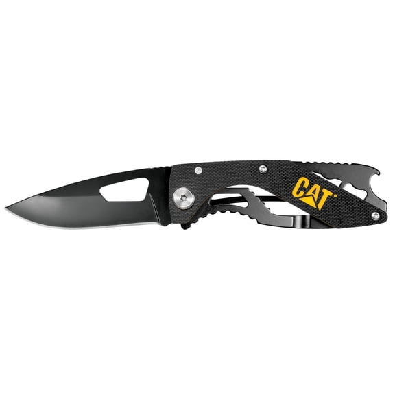 Cat 6-1/4 Inch Folding Skeleton Knife with Bottle Opener and Black Blade - 980267