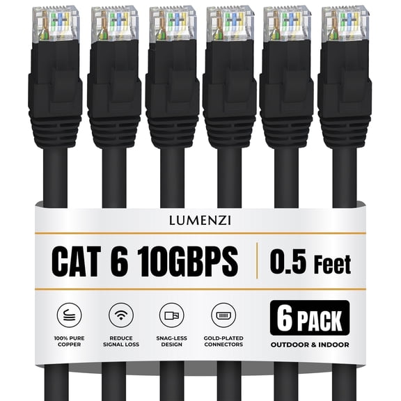 Cat 6 Ethernet Cable 0.5 FT in Black 6 Pack 10 Gbps Speed Network Short Round Rj45 Outdoor Indoor Direct Burial Bare Copper LAN Patch Cable for Router Gaming PS5 XBOX Printer Computer CCTV Switch