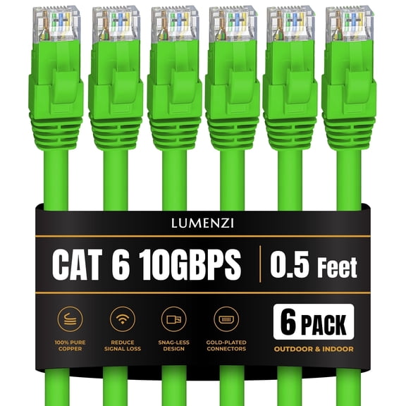 Cat6 Ethernet Cable 0.5 ft, Green, 6 Pack, 10 Gbps, Round RJ45 Patch Cable, Outdoor/Indoor, Direct Burial, Bare Copper
