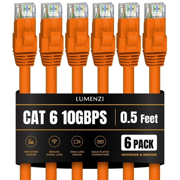 Cat 6 Ethernet Cable 0.5 FT in Orange 6 Pack 10 Gbps Speed Network Short Round Rj45 Outdoor Indoor Direct Burial Bare Copper LAN Patch Cable for Router Gaming PS5 XBOX Printer Computer CCTV Switch