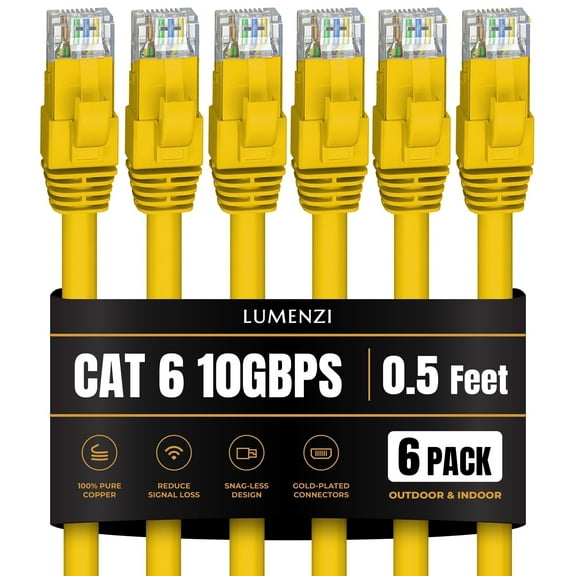 Cat 6 Ethernet Cable 0.5 FT in Yellow 6 Pack 10 Gbps Speed Network Short Round Rj45 Outdoor Indoor Direct Burial Bare Copper LAN Patch Cable for Router Gaming PS5 XBOX Printer Computer CCTV Switch