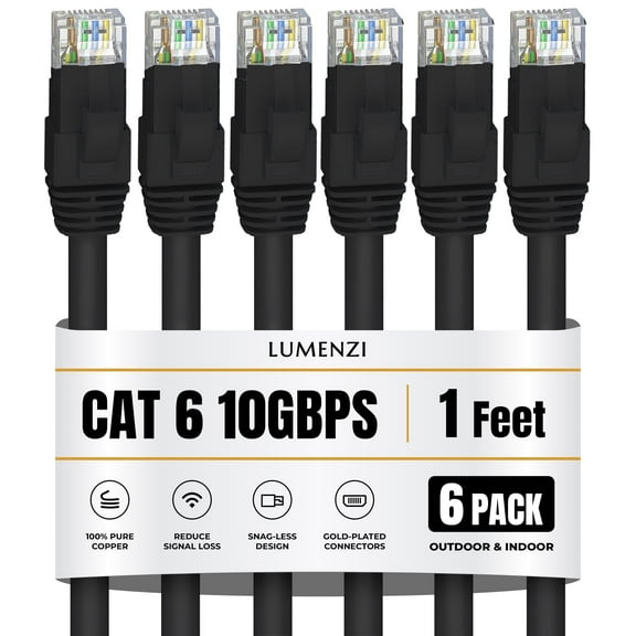 Cat 6 Ethernet Cable 1 FT in Black 6 Pack 10 Gbps Speed Network Short Round Rj45 Outdoor Indoor Direct Burial Bare Copper LAN Patch Cable for Router Gaming PS5 XBOX Printer Computer CCTV Switch