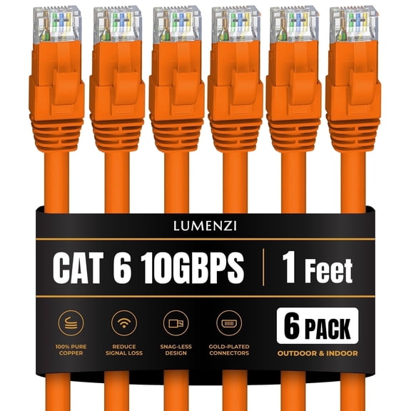 Cat 6 Ethernet Cable 1 FT in Orange 6 Pack 10 Gbps Speed Network Short Round Rj45 Outdoor Indoor Direct Burial Bare Copper LAN Patch Cable for Router Gaming PS5 XBOX Printer Computer CCTV Switch