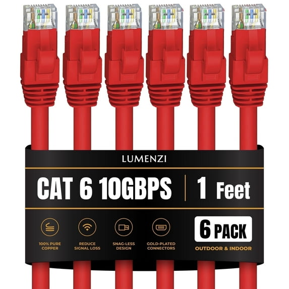 Cat 6 Ethernet Cable 1 FT in Red 6 Pack 10 Gbps Speed Network Short Round Rj45 Outdoor Indoor Direct Burial Bare Copper LAN Patch Cable for Router Gaming PS5 XBOX Printer Computer CCTV Switch