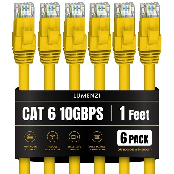 Cat 6 Ethernet Cable 1 FT in Yellow 6 Pack 10 Gbps Speed Network Short Round Rj45 Outdoor Indoor Direct Burial Bare Copper LAN Patch Cable for Router Gaming PS5 XBOX Printer Computer CCTV Switch