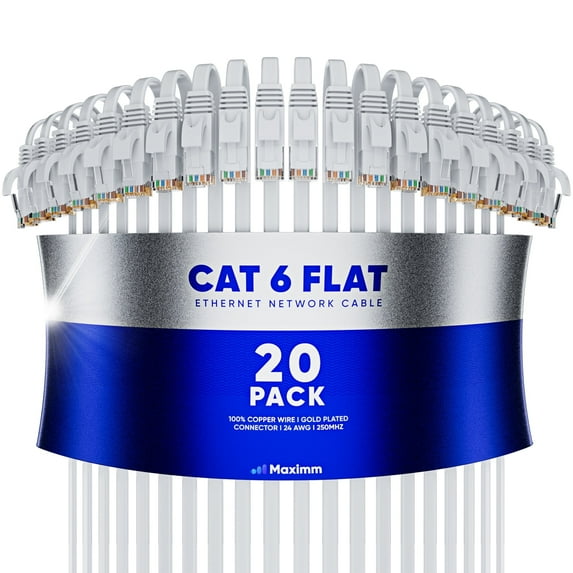 Cat6 Ethernet Cable 1ft, 20-Pack White - Flat High-Speed Network Cables for Gaming, Streaming, Router, Modem, PC, PS5, Xbox - Durable & Space-Saving Design