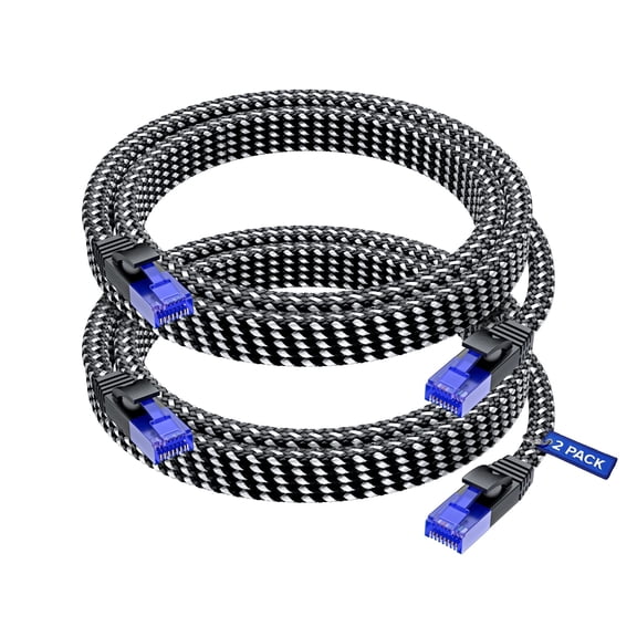 Cat 6 Ethernet Cable, 10 ft, 2 Pack Easy-Hide Flat Super-Durable Black Braided Network LAN Internet Cable/Cord