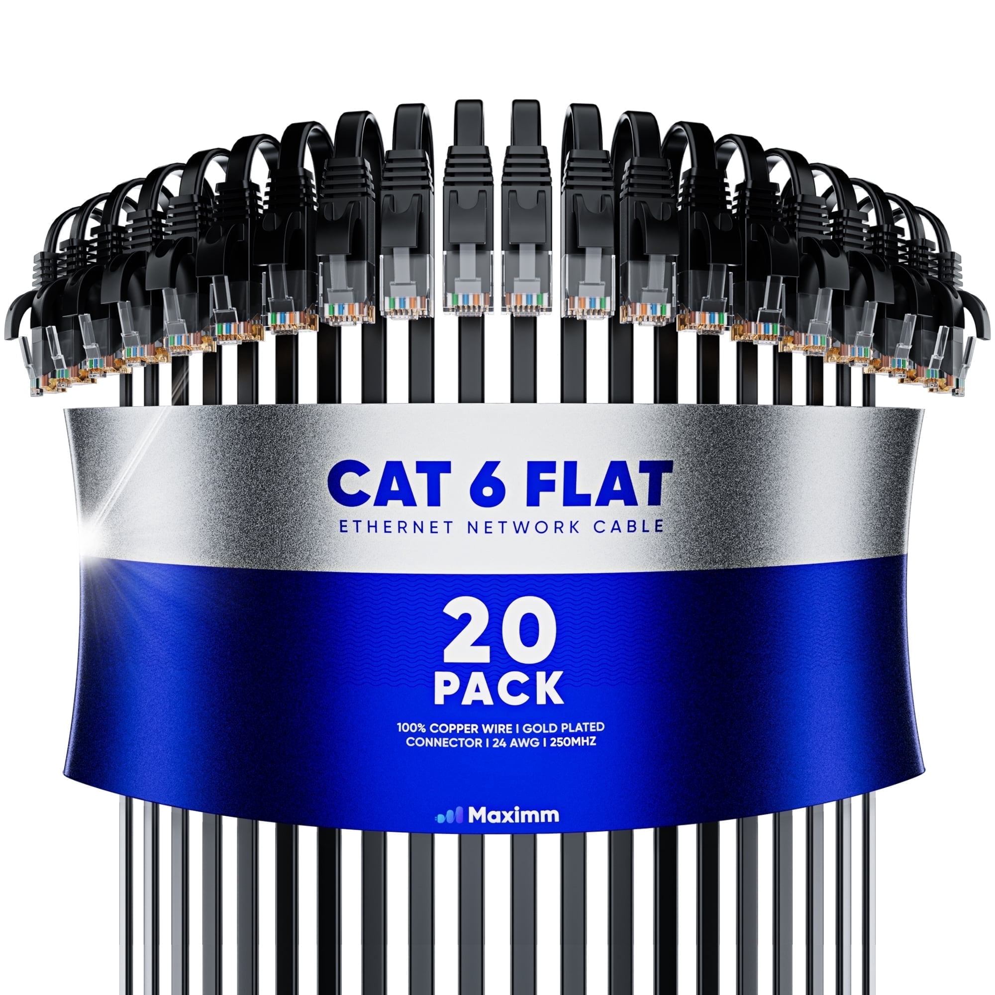 Cat6 Ethernet Cable 10ft, 20-Pack Black - Flat High-Speed Network Cables for Gaming, Streaming, Router, Modem, PC, PS5, Xbox - Durable & Space-Saving Design