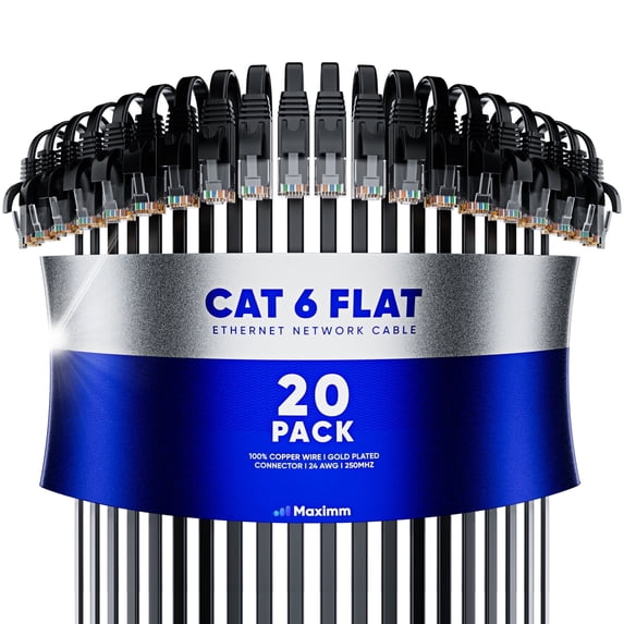 Cat6 Ethernet Cable 10ft, 20-Pack Black - Flat High-Speed Network Cables for Gaming, Streaming, Router, Modem, PC, PS5, Xbox - Durable & Space-Saving Design