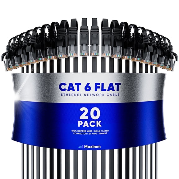 Maximm Cat 6 Ethernet Cable, 10 ft Flat High-Speed LAN Internet Cord, 20-Pack