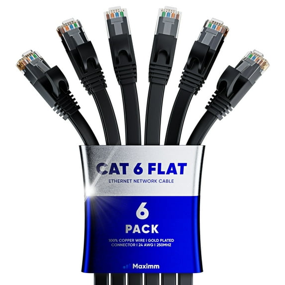 Cat6 Ethernet Cable 12ft, 6-Pack Black - Flat High-Speed Network Cables for Gaming, Streaming, Router, Modem, PC, PS5, Xbox - Durable & Space-Saving Design
