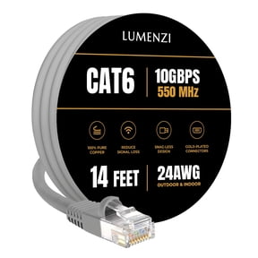 Cat 6 Ethernet Cable 14 FT in Grey 10 Gbps Speed Network Long Round Rj45 Outdoor Indoor Direct Burial Bare Copper LAN Patch Cable for Router Gaming PS5 XBOX Printer Computer CCTV Switch