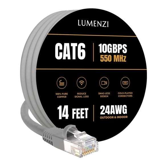 Cat 6 Ethernet Cable 14 FT in Grey 10 Gbps Speed Network Long Round Rj45 Outdoor Indoor Direct Burial Bare Copper LAN Patch Cable for Router Gaming PS5 XBOX Printer Computer CCTV Switch