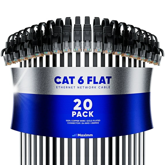 Cat6 Ethernet Cable 2ft, 20-Pack Black - Flat High-Speed Network Cables for Gaming, Streaming, Router, Modem, PC, PS5, Xbox - Durable & Space-Saving Design