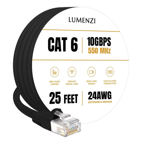 Cat 6 Ethernet Cable 25 FT in Black 10 Gbps Speed Network Long Round Rj45 Outdoor Indoor Direct Burial Bare Copper LAN Patch Cable for Router Gaming PS5 XBOX Printer Computer CCTV Switch