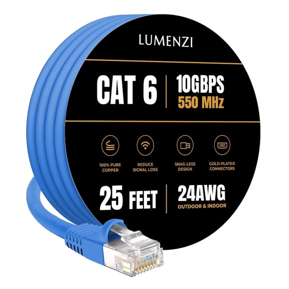 Cat 6 Ethernet Cable 25 FT in Blue 10 Gbps Speed Network Long Round Rj45 Outdoor Indoor Direct Burial Bare Copper LAN Patch Cable for Router Gaming PS5 XBOX Printer Computer CCTV Switch