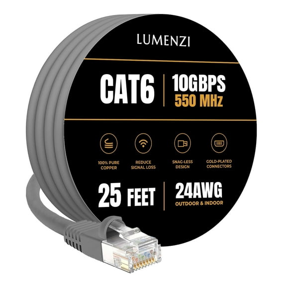 Cat 6 Ethernet Cable 25 FT in Grey 10 Gbps Speed Network Long Round Rj45 Outdoor Indoor Direct Burial Bare Copper LAN Patch Cable for Router Gaming PS5 XBOX Printer Computer CCTV Switch
