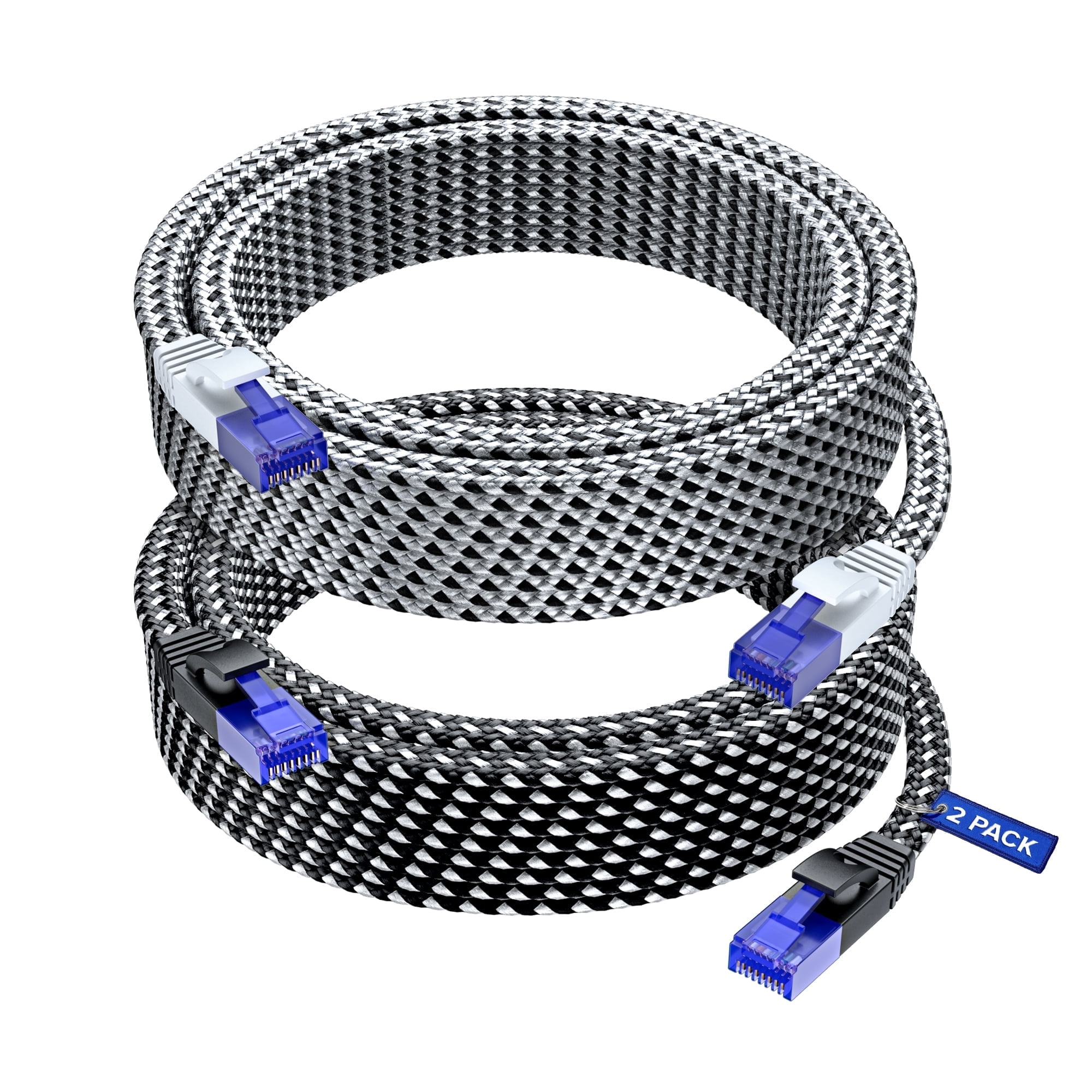 Cat 6 Ethernet Cable, 25 ft, 2 Pack Easy-Hide Flat Super-Durable Black and White Braided Network LAN Internet Cable/Cord