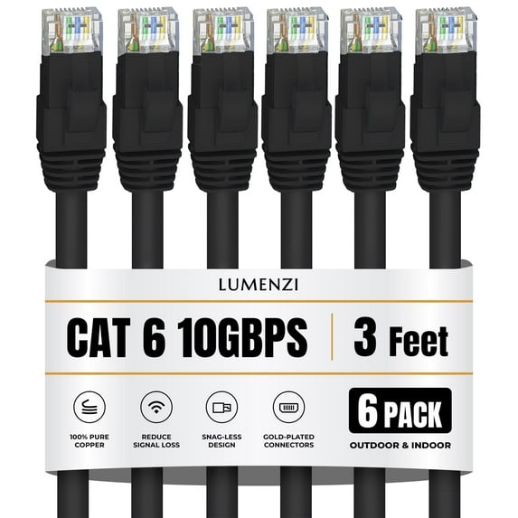 Cat 6 Ethernet Cable 3 FT in Black 6 Pack 10 Gbps Speed Network Short Round Rj45 Outdoor Indoor Direct Burial Bare Copper LAN Patch Cable for Router Gaming PS5 XBOX Printer Computer CCTV Switch