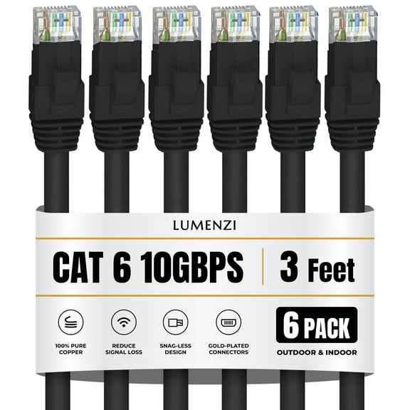 Cat 6 Ethernet Cable 3 FT in Black 6 Pack 10 Gbps Speed Network Short Round Rj45 Outdoor Indoor Direct Burial Bare Copper LAN Patch Cable for Router Gaming PS5 XBOX Printer Computer CCTV Switch