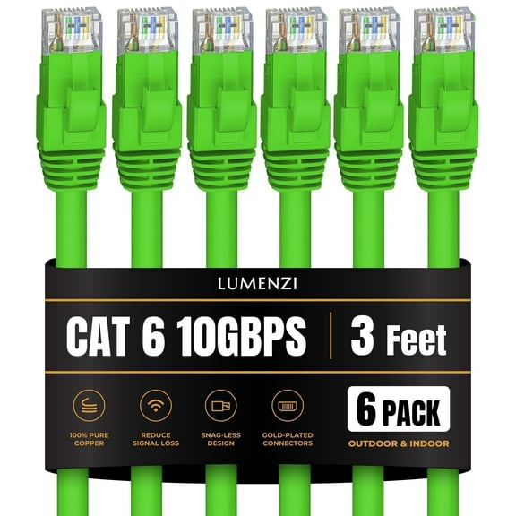 Cat 6 Ethernet Cable 3 FT in Green 6 Pack 10 Gbps Speed Network Short Round Rj45 Outdoor Indoor Direct Burial Bare Copper LAN Patch Cable for Router Gaming PS5 XBOX Printer Computer CCTV Switch