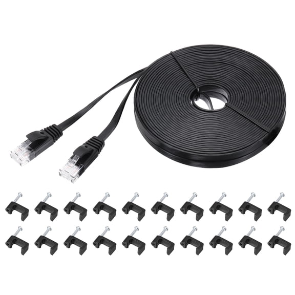 Cat 6 Ethernet Cable 33ft, 32AWG 250MHz Flat High Speed RJ45 Cat6 Internet Network Patch Cord with Clips , Black
