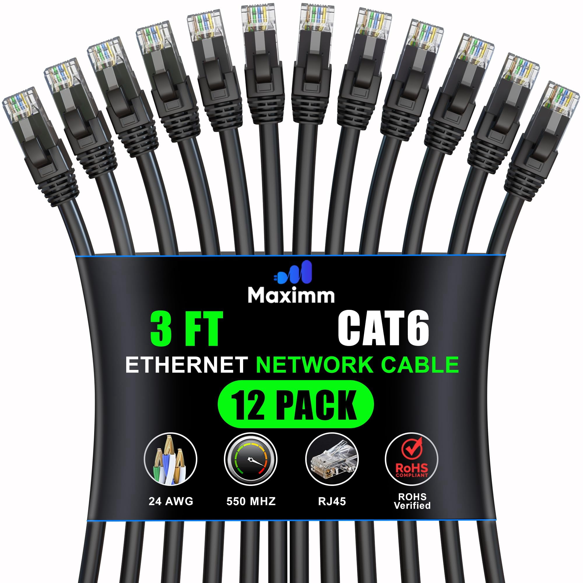 Maximm Cat 6 Ethernet Cable 3 Ft, (12-Pack) Cat6 Cable, LAN Cable, Internet Cable, Patch Cable and Network Cable - UTP (Black) 3 Feet ethernet Cord