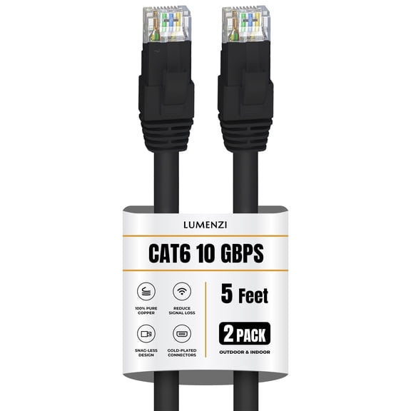 Cat 6 Ethernet Cable 5 FT in Black 2 Pack 10 Gbps Speed Network Round Rj45 Outdoor Indoor Direct Burial Bare Copper LAN Patch Cable for Router Gaming PS5 XBOX Printer Computer CCTV Switch