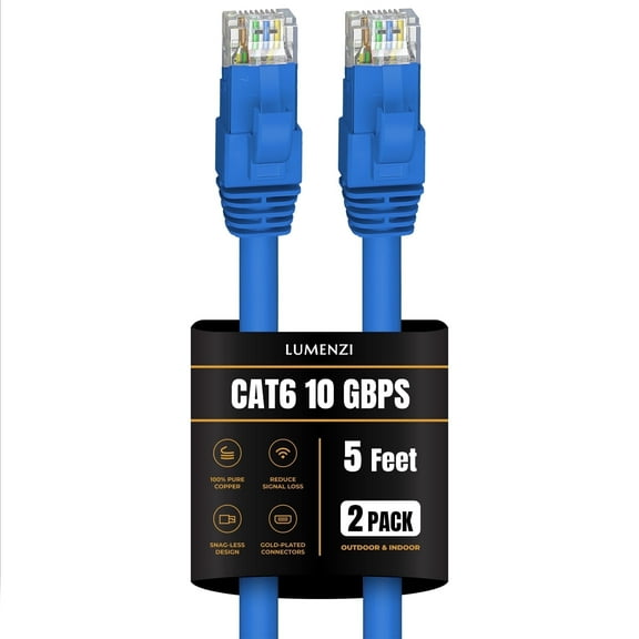 Cat 6 Ethernet Cable 5 FT in Blue 2 Pack 10 Gbps Speed Network Round Rj45 Outdoor Indoor Direct Burial Bare Copper LAN Patch Cable for Router Gaming PS5 XBOX Printer Computer CCTV Switch