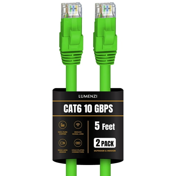 Cat 6 Ethernet Cable 5 FT in Green 2 Pack 10 Gbps Speed Network Round Rj45 Outdoor Indoor Direct Burial Bare Copper LAN Patch Cable for Router Gaming PS5 XBOX Printer Computer CCTV Switch