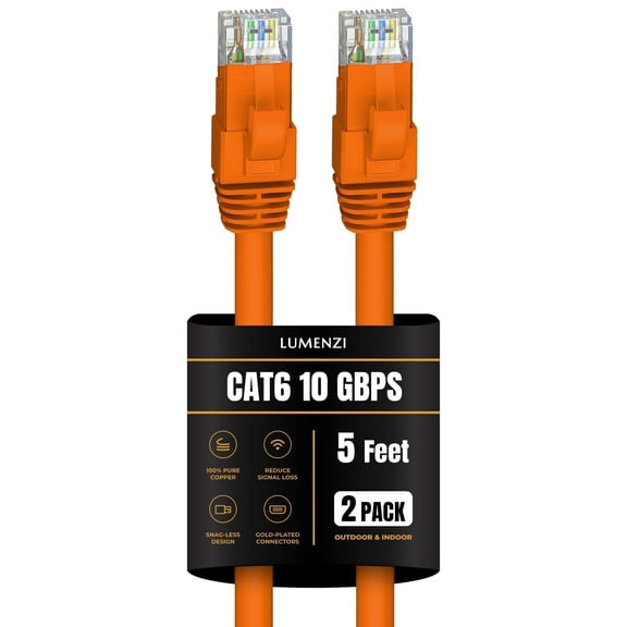 Cat 6 Ethernet Cable 5 FT in Orange 2 Pack 10 Gbps Speed Network Round Rj45 Outdoor Indoor Direct Burial Bare Copper LAN Patch Cable for Router Gaming PS5 XBOX Printer Computer CCTV Switch