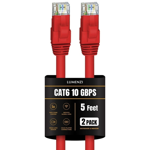 Cat 6 Ethernet Cable 5 FT in Red 2 Pack 10 Gbps Speed Network Round Rj45 Outdoor Indoor Direct Burial Bare Copper LAN Patch Cable for Router Gaming PS5 XBOX Printer Computer CCTV Switch